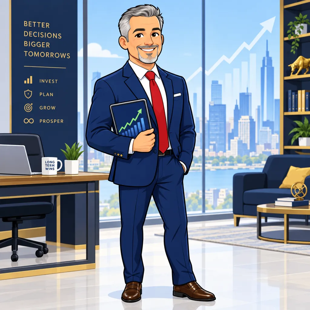 Illustrated portrait of Norman Light in a suit holding a tablet